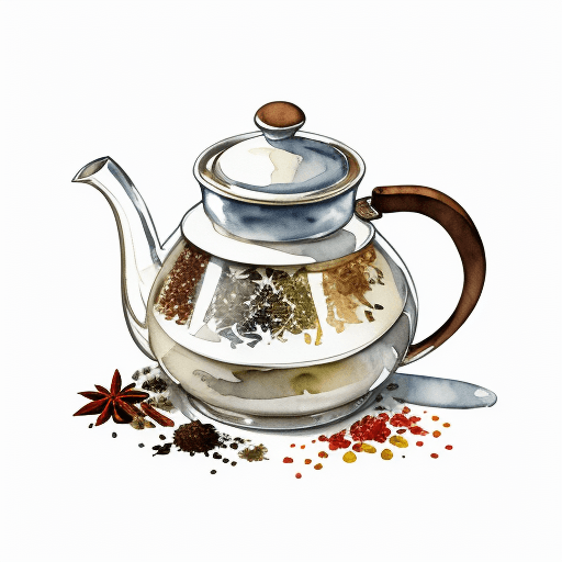 AI generated: watercolor fully stocked tea kitchen clip art, tea cup, tea bag, tea leaves, spices, tea kettle, iso...