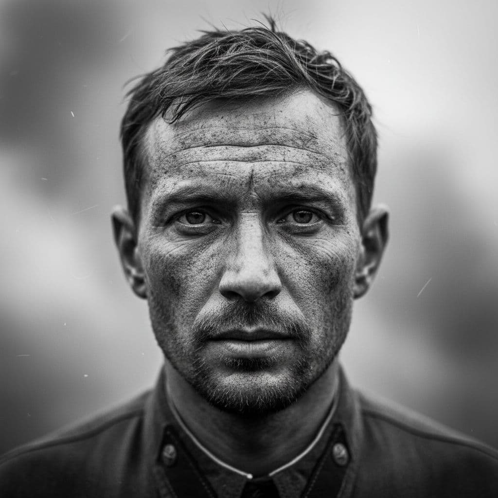 AI generated: A cinematic, hyperrealistic black-and-white tight portrait of a WW2 Russian soldier, seen straight a...