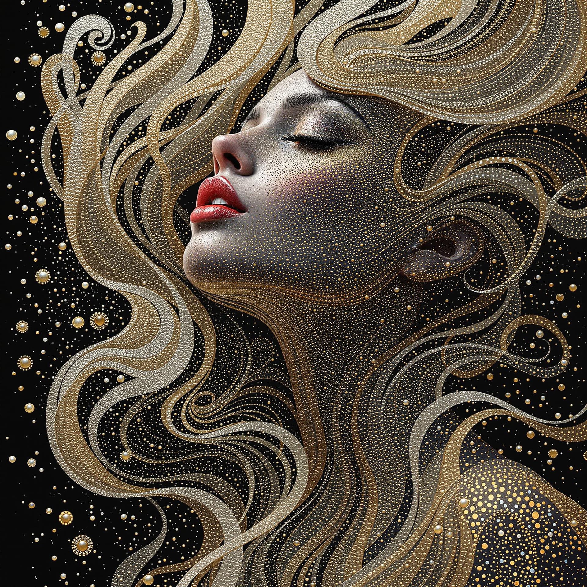 AI generated: Surreal Breathtaking portrait, photorealistic elegant woman, flowing textures & textiles, dynamic fl...