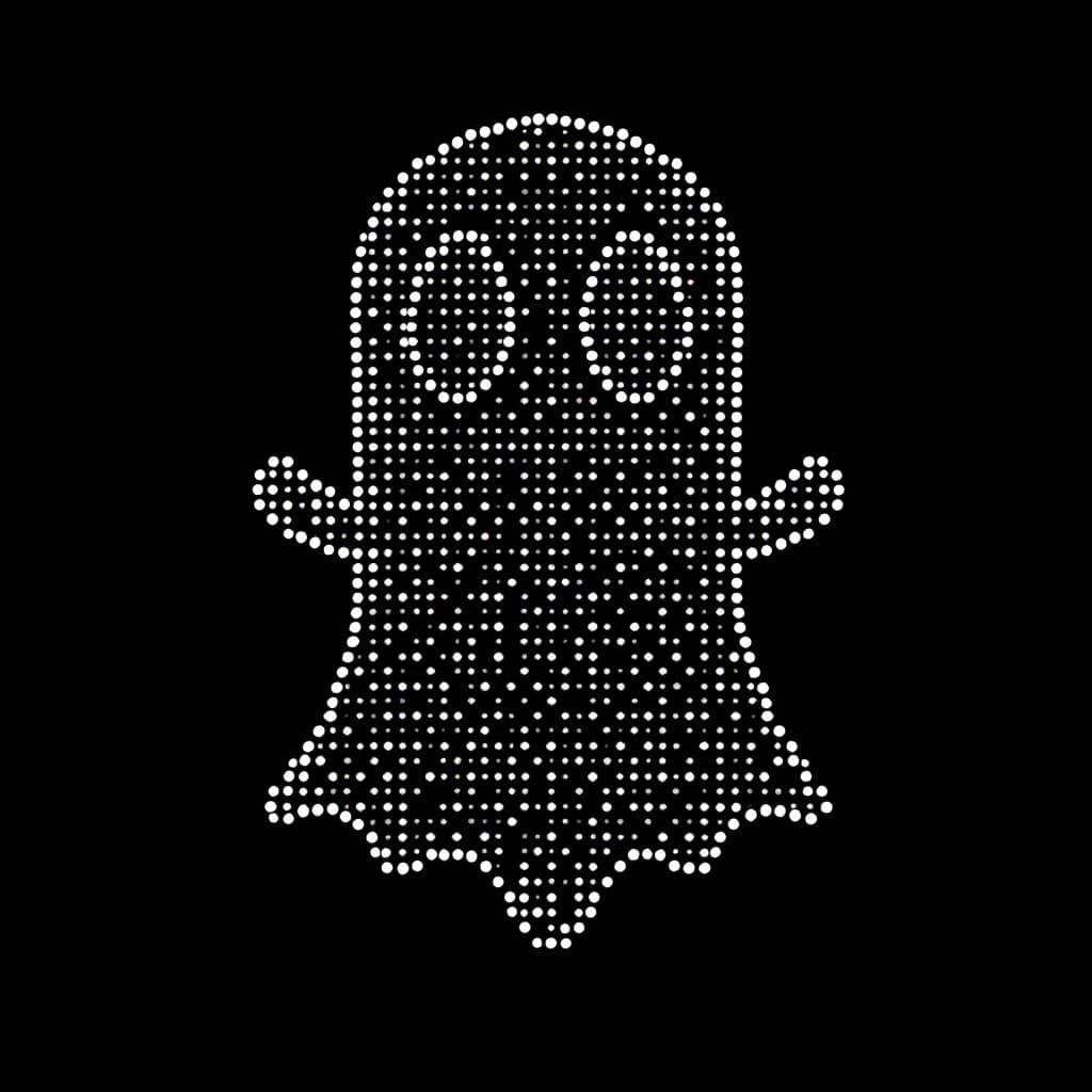 AI generated: a simple white dotted dots forming the shape of a ghost face, flat design, vector illustration, on b...