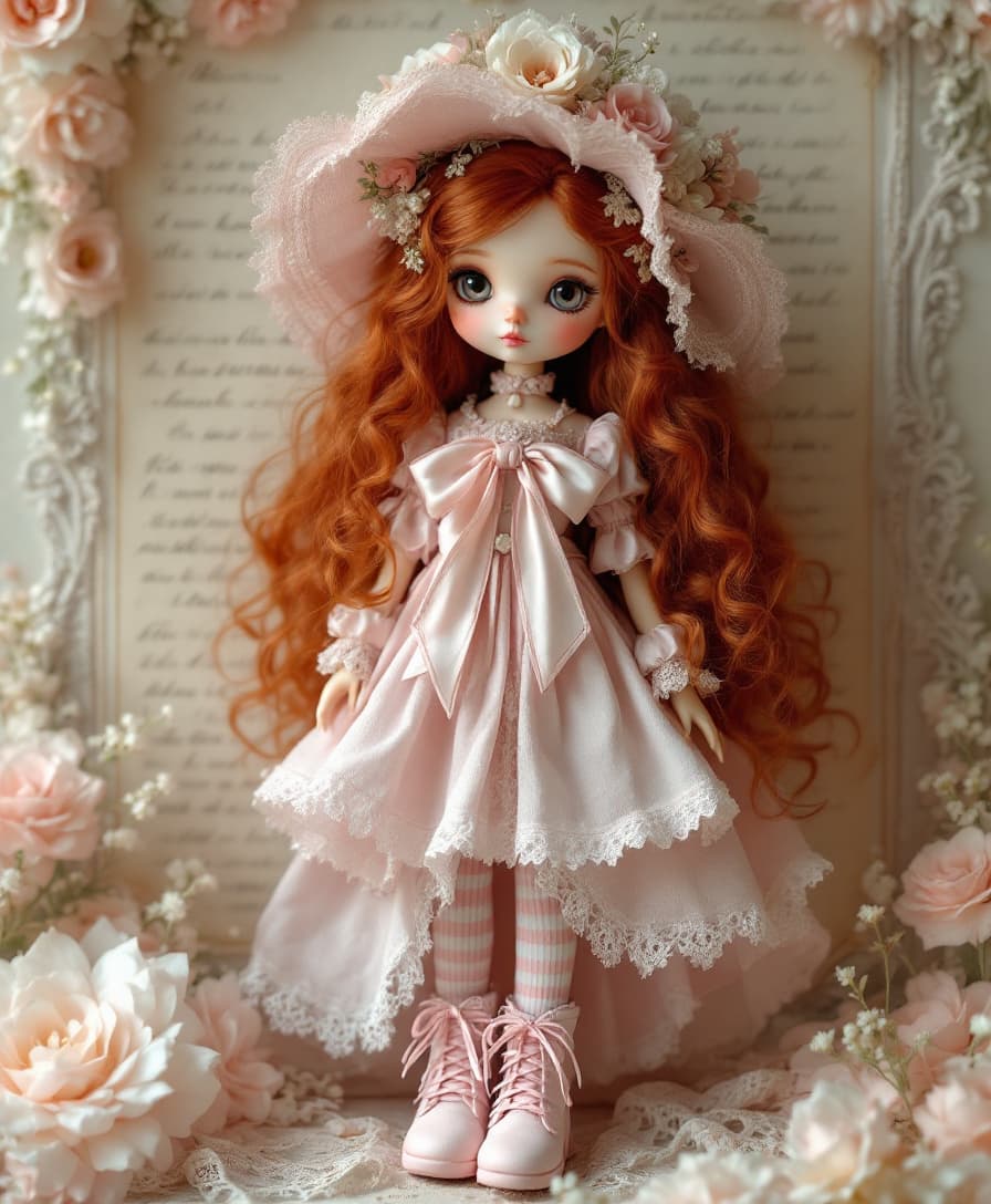 AI generated: A delicate, vintage-style doll with long curly red hair wearing an elegant Victorian dress in soft p...