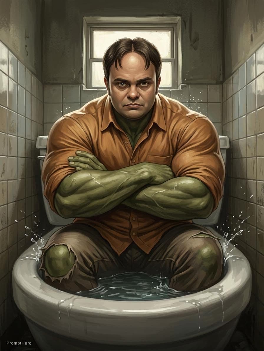 AI generated: Dwight Schrute as Hulk, Hulk costume, Dwight Schrute hairstyle, Hulk body type, Dwight Schrute Face,...