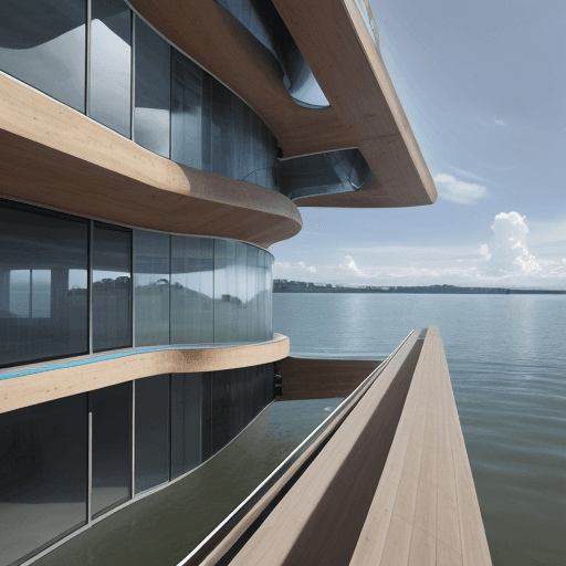 AI generated: futuristic building that deals with rising sea levels through design, timber, concrete, nature, co-h...