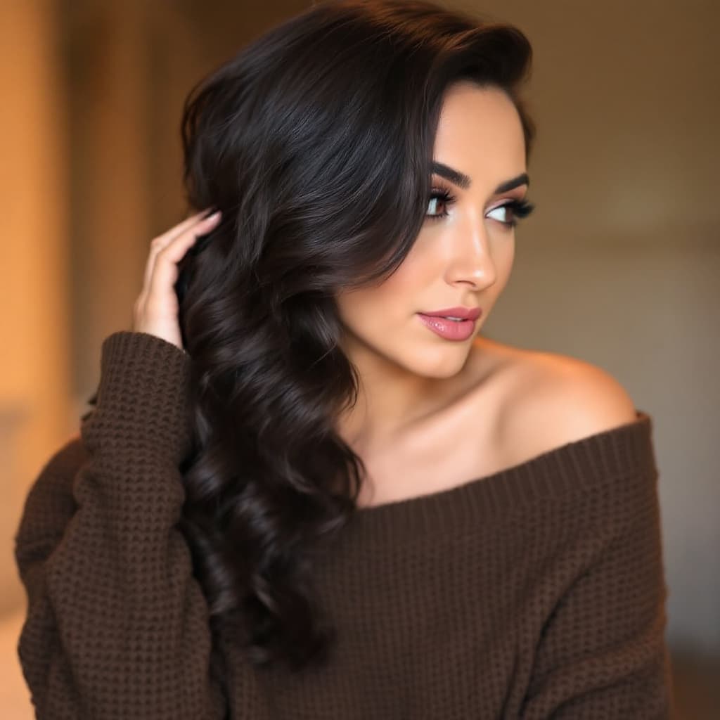 AI generated: A woman with wavy dark brown hair, wearing an off-shoulder oversized brown knit sweater. She gazes s...