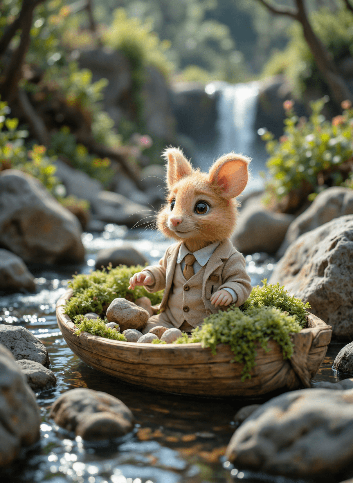 AI generated: The image depicts a whimsical scene where an anthropomorphic mouse dressed in a brown suit and tie i...