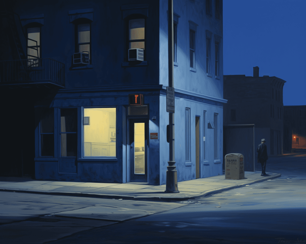 AI generated: 
oil painting of an empty street corner at night, with low wall and blue painted walls with signs i...