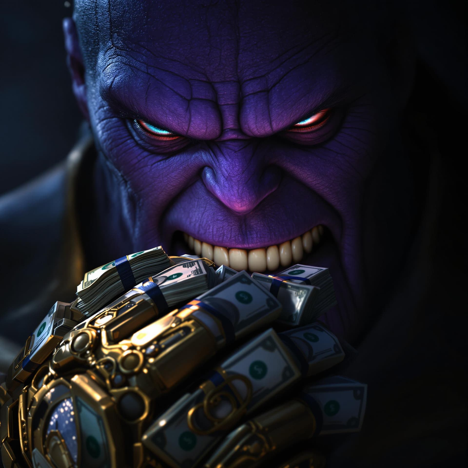 AI generated: Thanos face in shadows his eyes and teeth are visible and the hand wearing the infinity gauntlet is ...