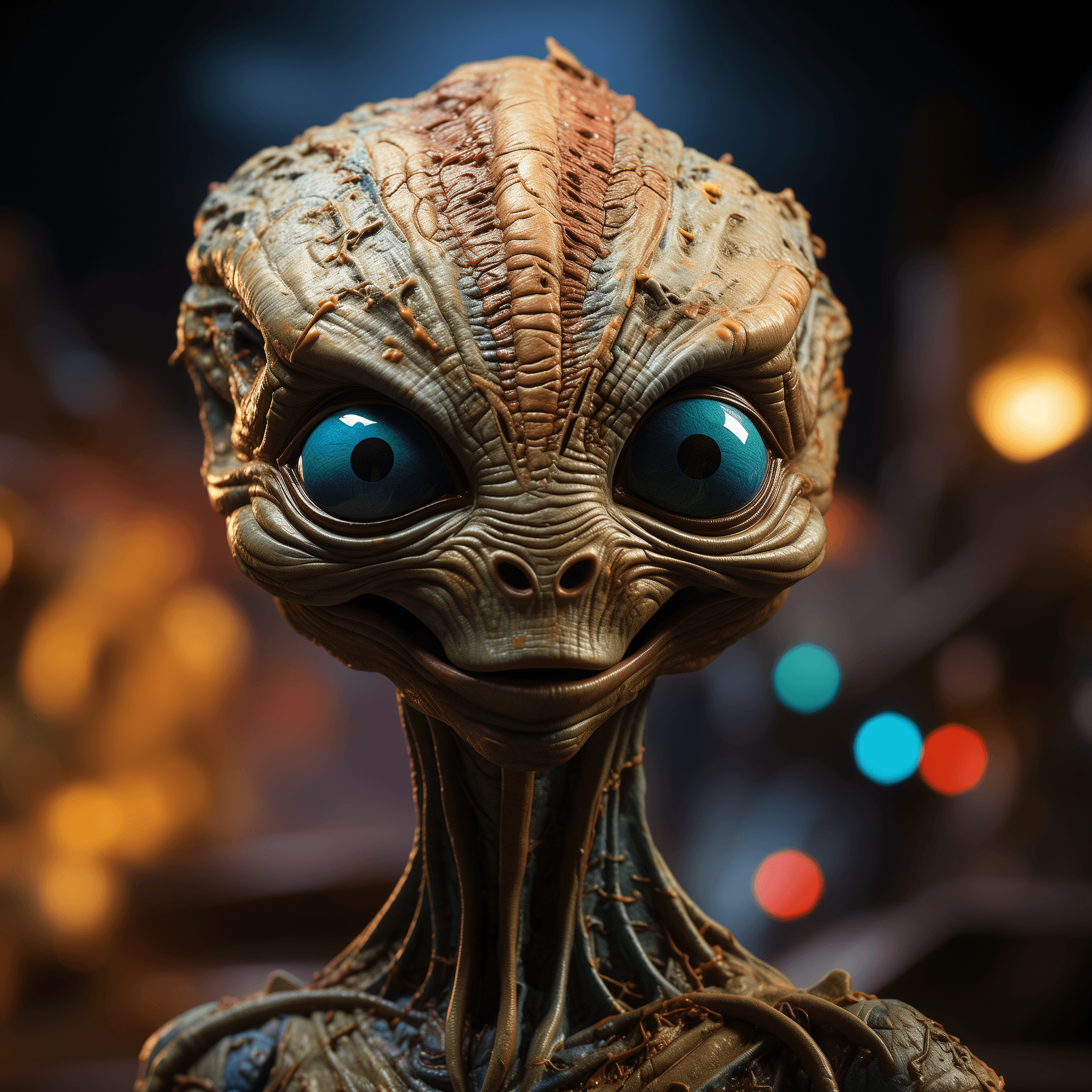 AI generated: Create a vivid, hyper-realistic scene of a space alien taking a selfie, where the perspective is fro...