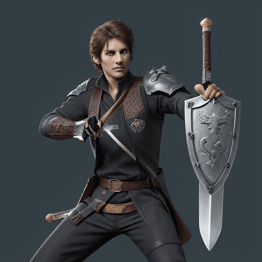 AI generated: A cool cat  in gamification style need to have weapon like sword, wand, or shield to success in miss...