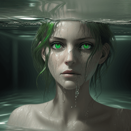 AI generated: the face of woman with beautiful green eyes, in water, in the style of dystopian realism, realistic ...