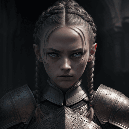 AI generated: Slavic girl knight with braids wearing battle armor, in dynamic, atmosphere of darkness and horror, ...