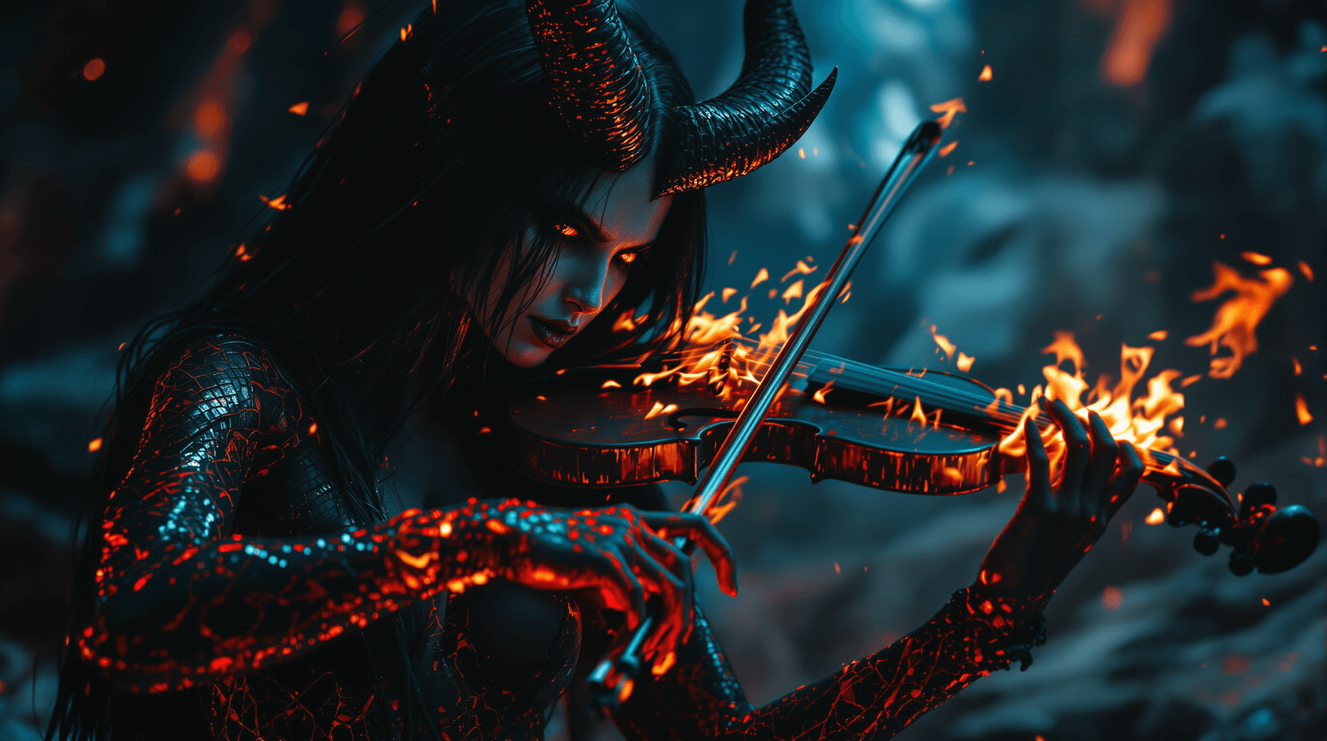 AI generated: full figure shot focusing on the demonic musician's face on the violin fingerboard, reminiscent of B...