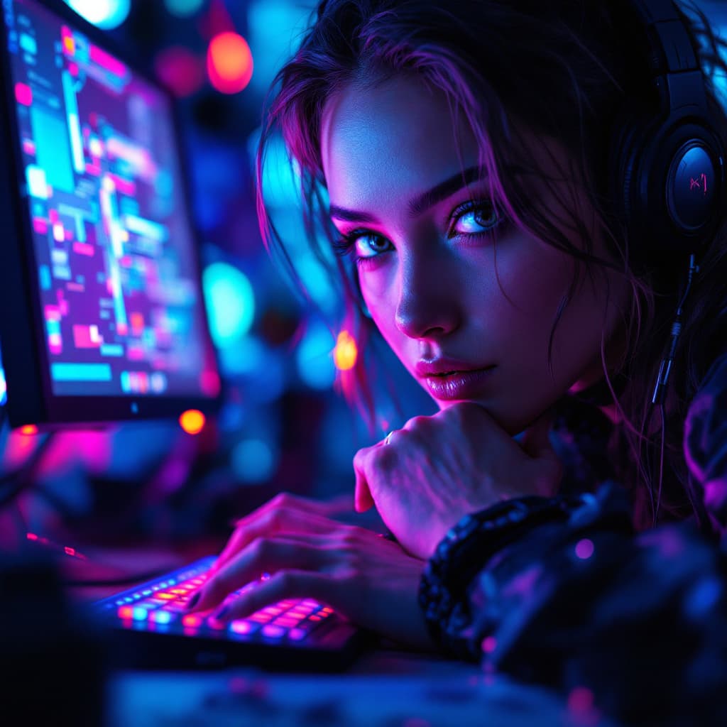 AI generated: A close up portrait of an inspired female cyberpunk biohacker working at her desk, artgerm, volumetr...