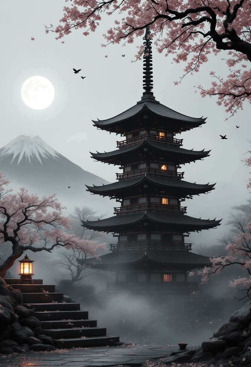 AI generated: A full traditional Japanese pagoda tower, off-center right, fully visible from base to spire, uncrop...