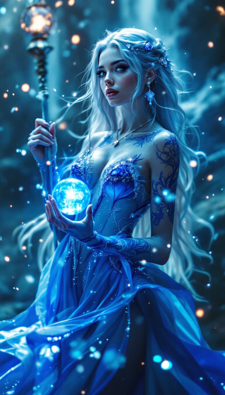 AI generated: An ultra-realistic, full-body action shot of a mesmerizing sapphire elementalist woman, exuding magi...