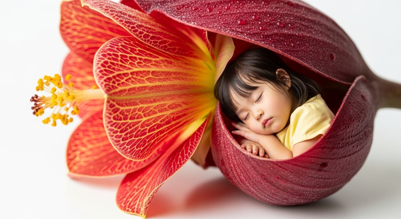 AI generated: In the calyx of an exotic flower, an adorable Asian girl lies down and sleeps, white background.