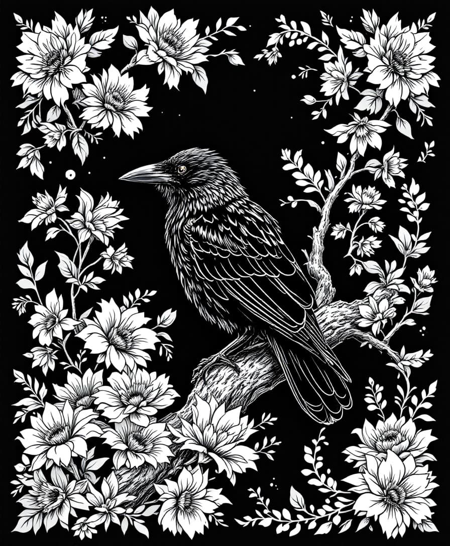 AI generated: Black and white woodcut style illustration, detailed crow (species : 1.1), perched on a tree trunk (...