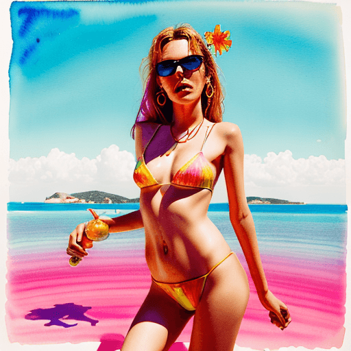 AI generated: hot summer girl in ibiza, in the style of david lachapelle, surreal photography, hypermaximalist wat...