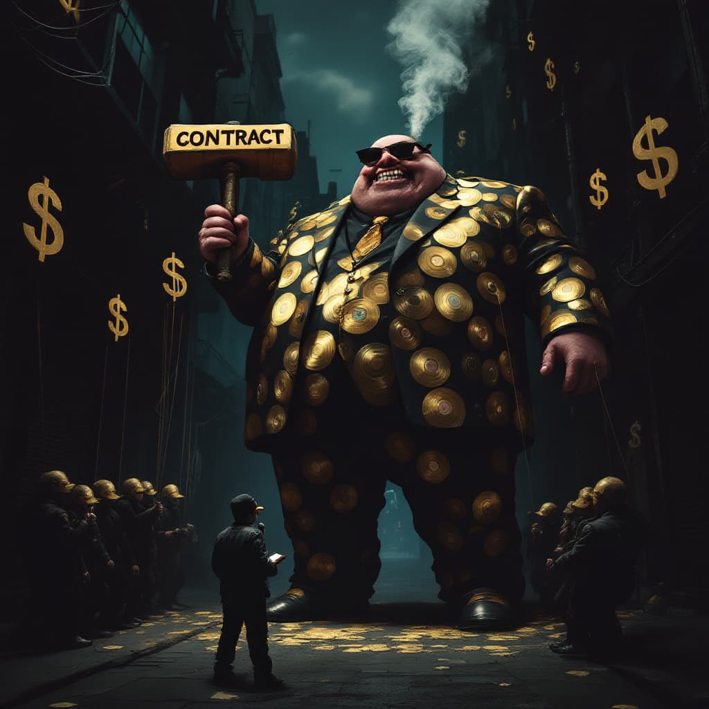 AI generated: A small, struggling indie hip-hop artist stands in the center of a dark urban alleyway, clutching hi...