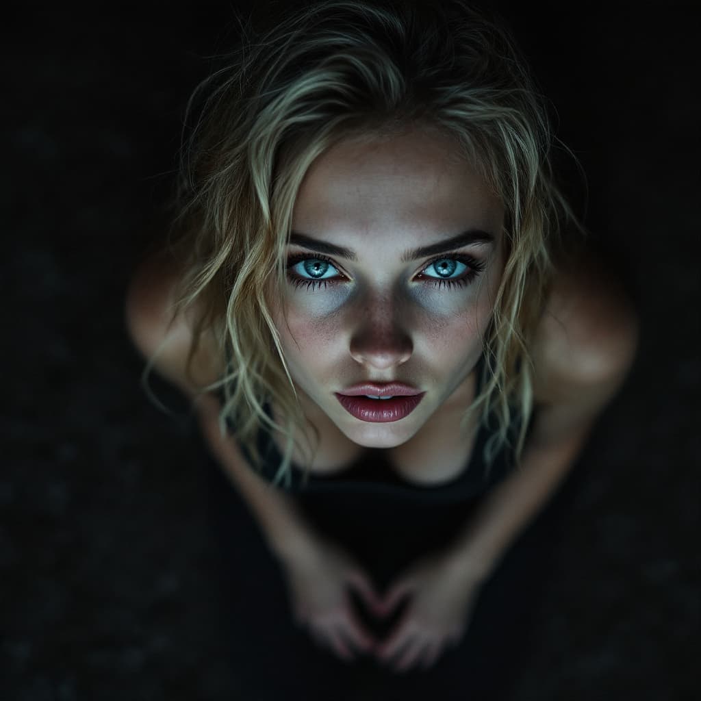 AI generated: close-up of an alluring woman kneeling on the carpeted floor, from above, long tousled blonde hair, ...