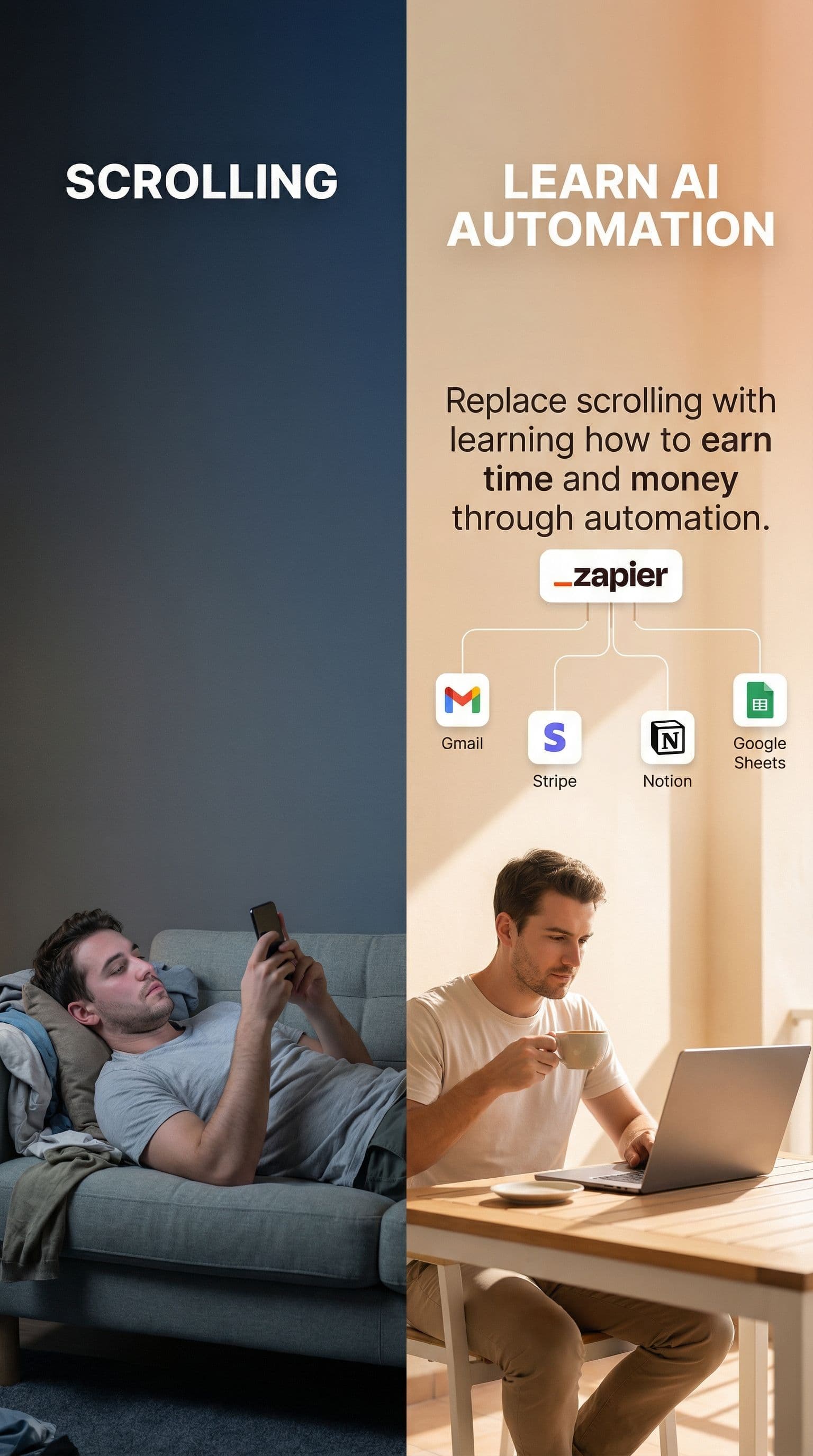 AI generated: Minimal split-screen advertising image with a clean, modern lifestyle aesthetic.
The image is vertic...