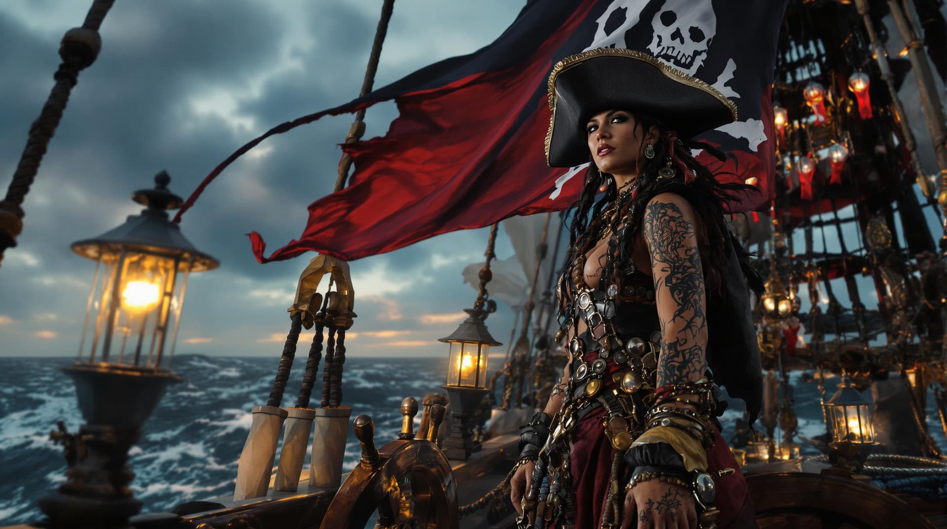 AI generated: A commanding Native Caribbean Female pirate captain stands tall overlooking the fierce stormy see am...