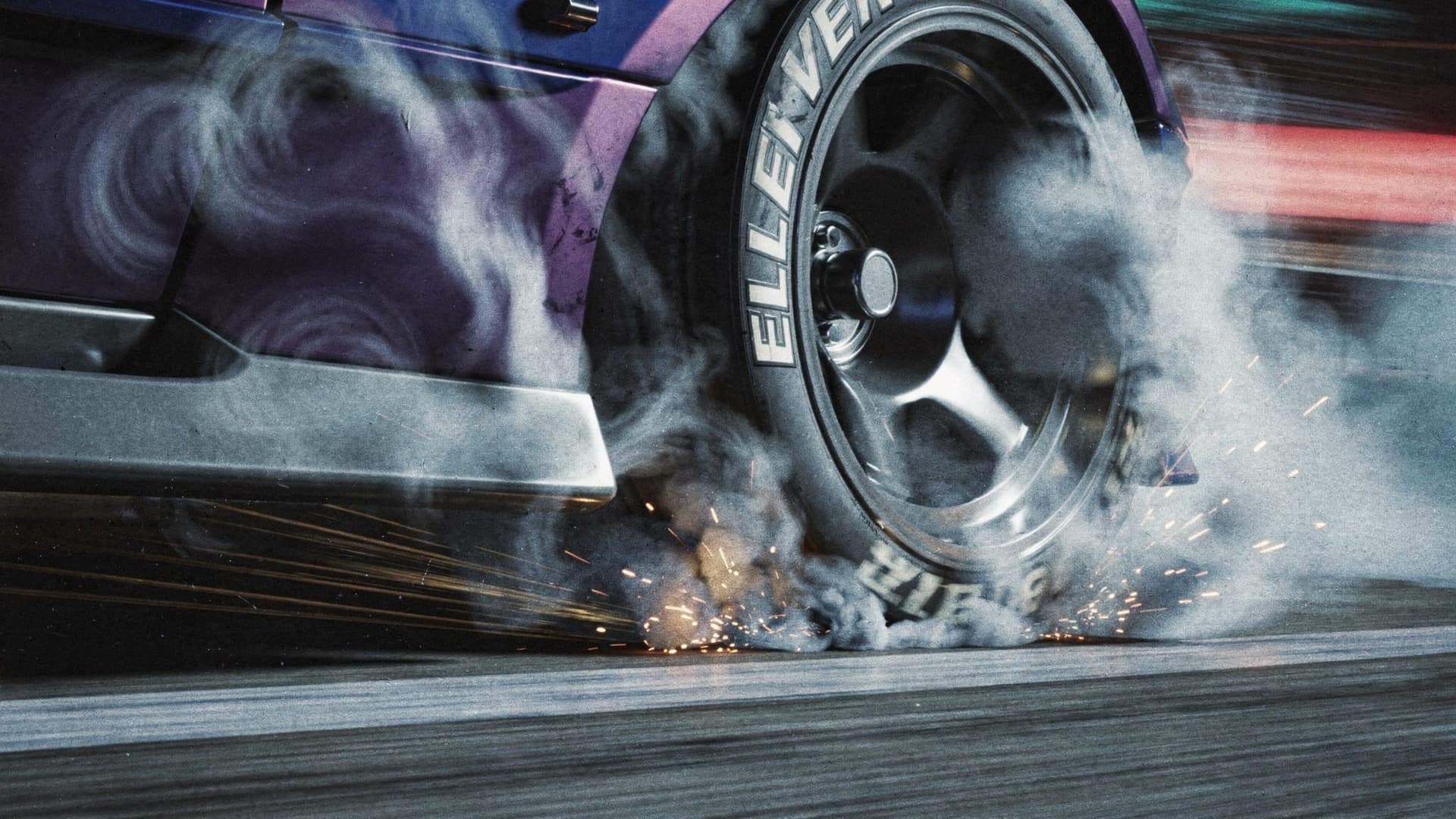 AI generated: cinematic close-up of a high performance racing tire spinning at extreme speed, dramatic burnout, th...