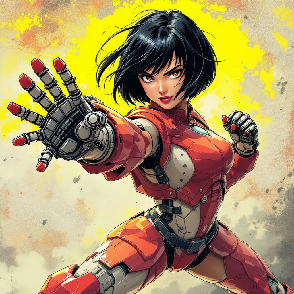 AI generated: manga style girl asian short black hair. she does a fighting pose. she does flying kick on robotic f...