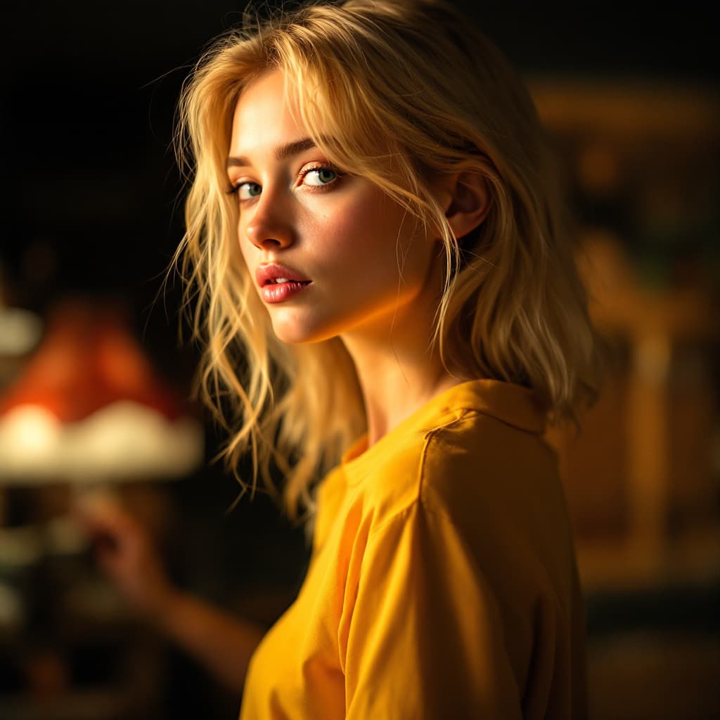 AI generated: blond girl in a yellow shirt is posing, soft, atmospheric lighting --chaos 33 --ar 1:2 --profile yru...