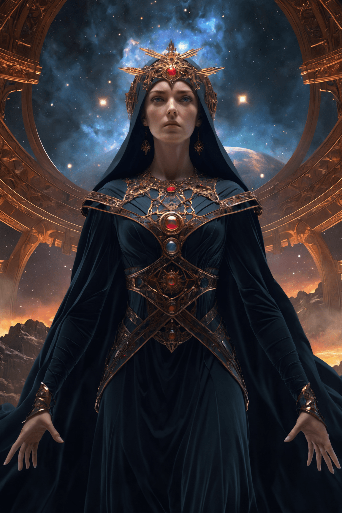 AI generated: Lady in the ring + beautiful eyes, beautiful face + symmetry face + border and embellishments inspir...