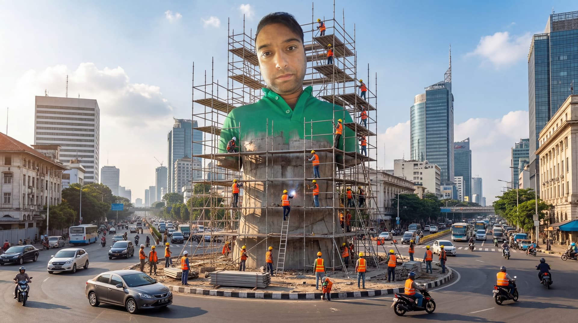 AI generated: An ultra-realistic, giant statue (based on the uploaded photo of the person) stands in the center of...