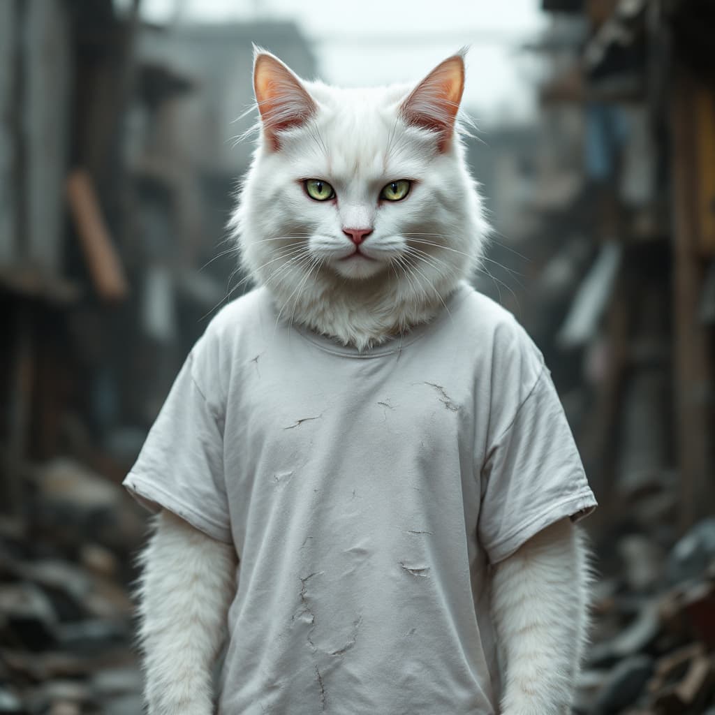 AI generated: strong dramatization, anthropomorphic real white cat, wearing a torn white t-shirt, in a junkyard, v...