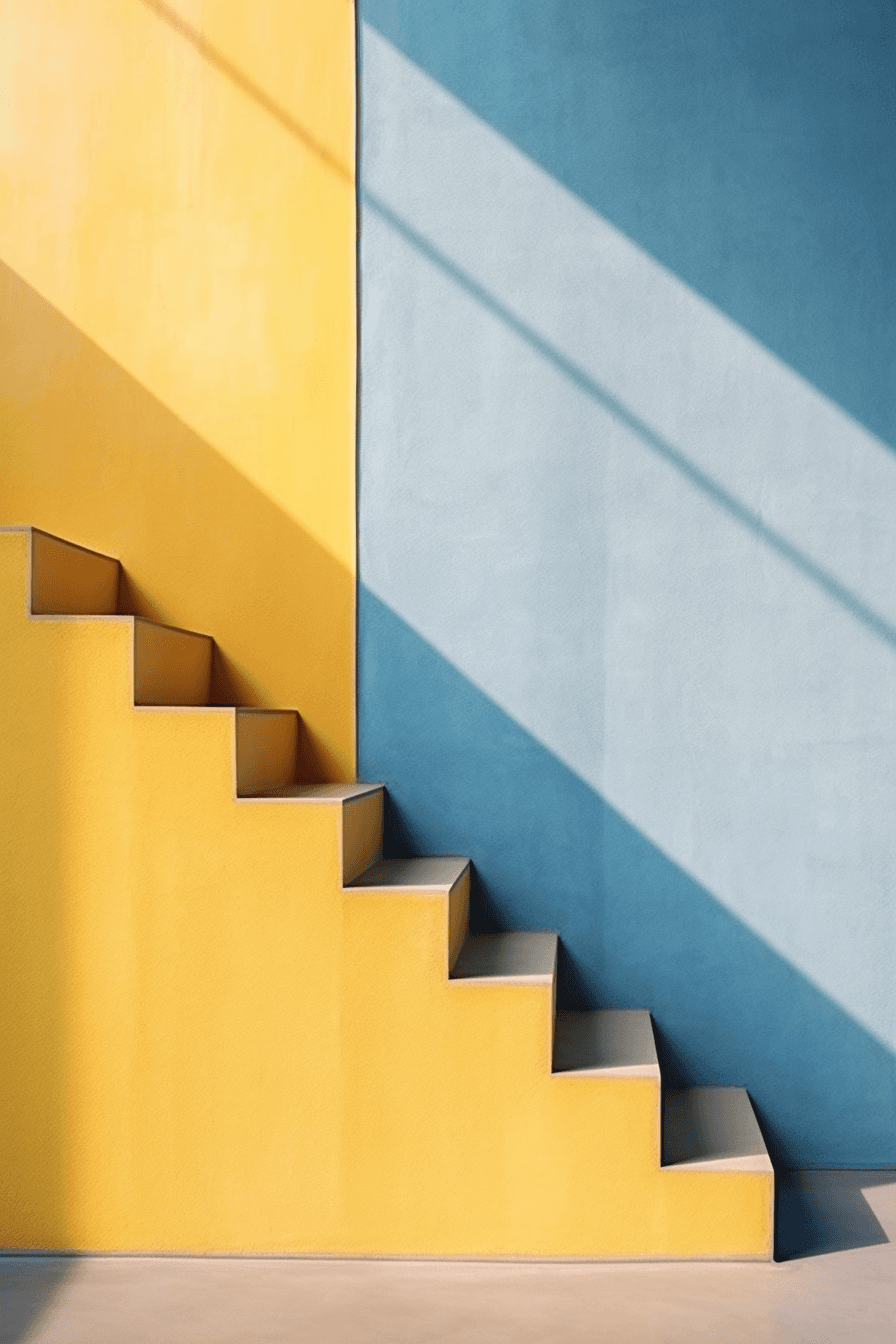 AI generated: Stairs, window frames, dark yellow and blue, minimalist abstract style, windowsill, stairs leading u...