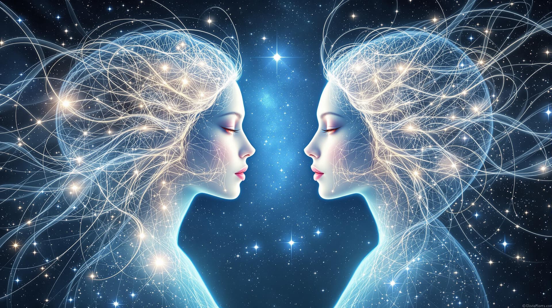 AI generated: Digital dynamic artwork featuring two ethereal female figures facing each other in a cosmic setting....