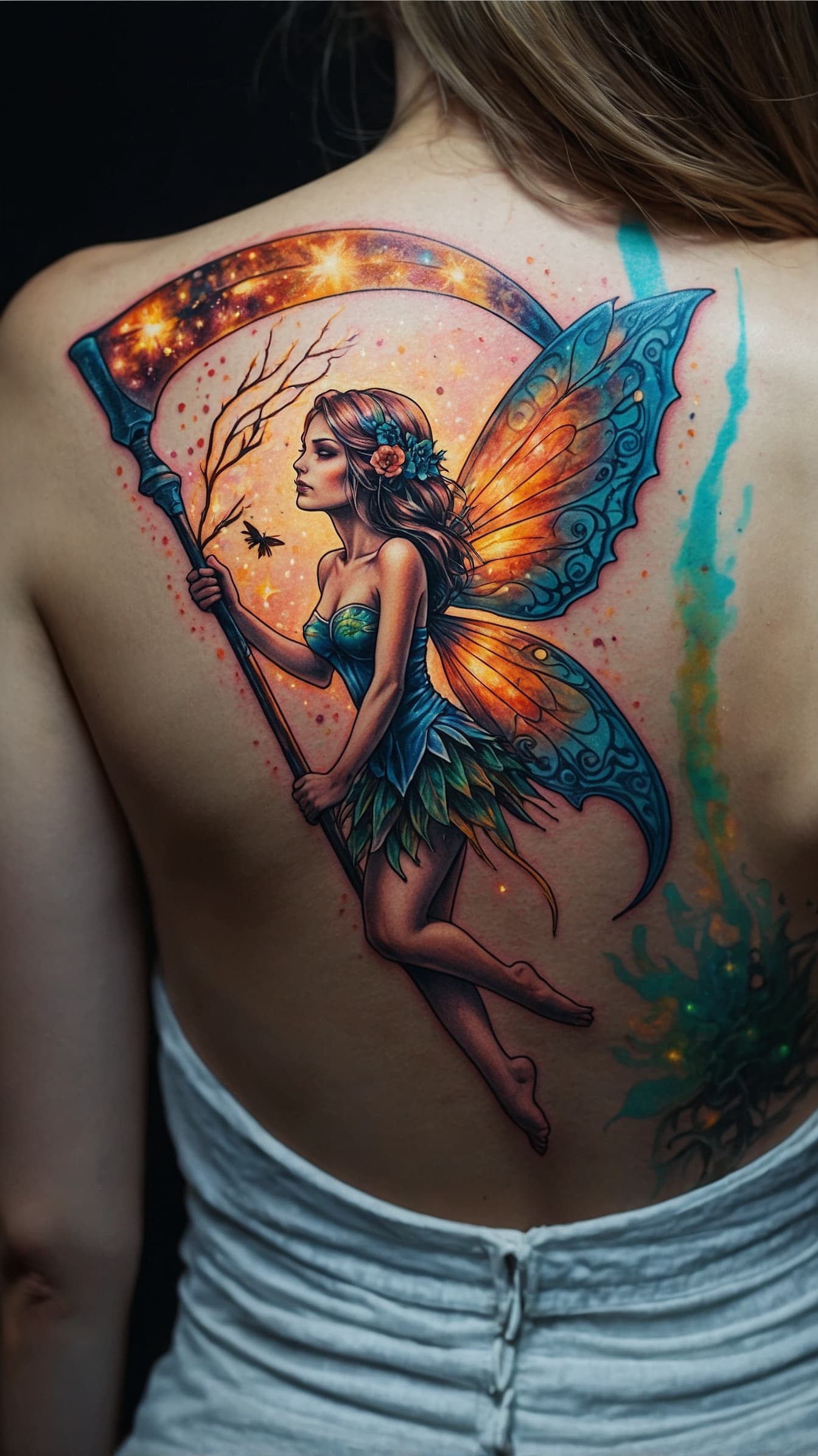AI generated: A colorful Fairy tattoo design holding a glittery bioluminescent scythe, detailed fairy tattooed on ...