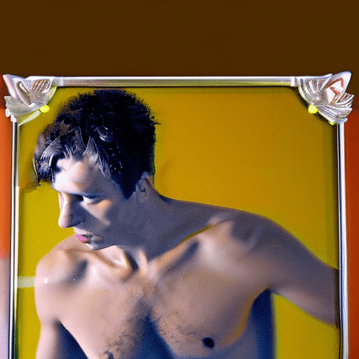 AI generated: Realistic portrait of a naked young man, fully nude, standing in front of a mirror looking at his er...