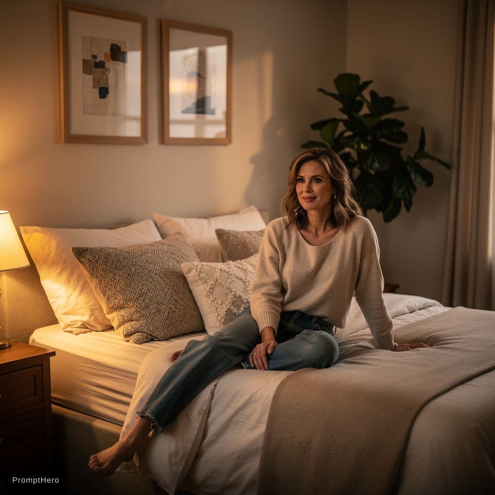 AI generated: Sandra Bullock, unchloting on the bed, in the bedroom