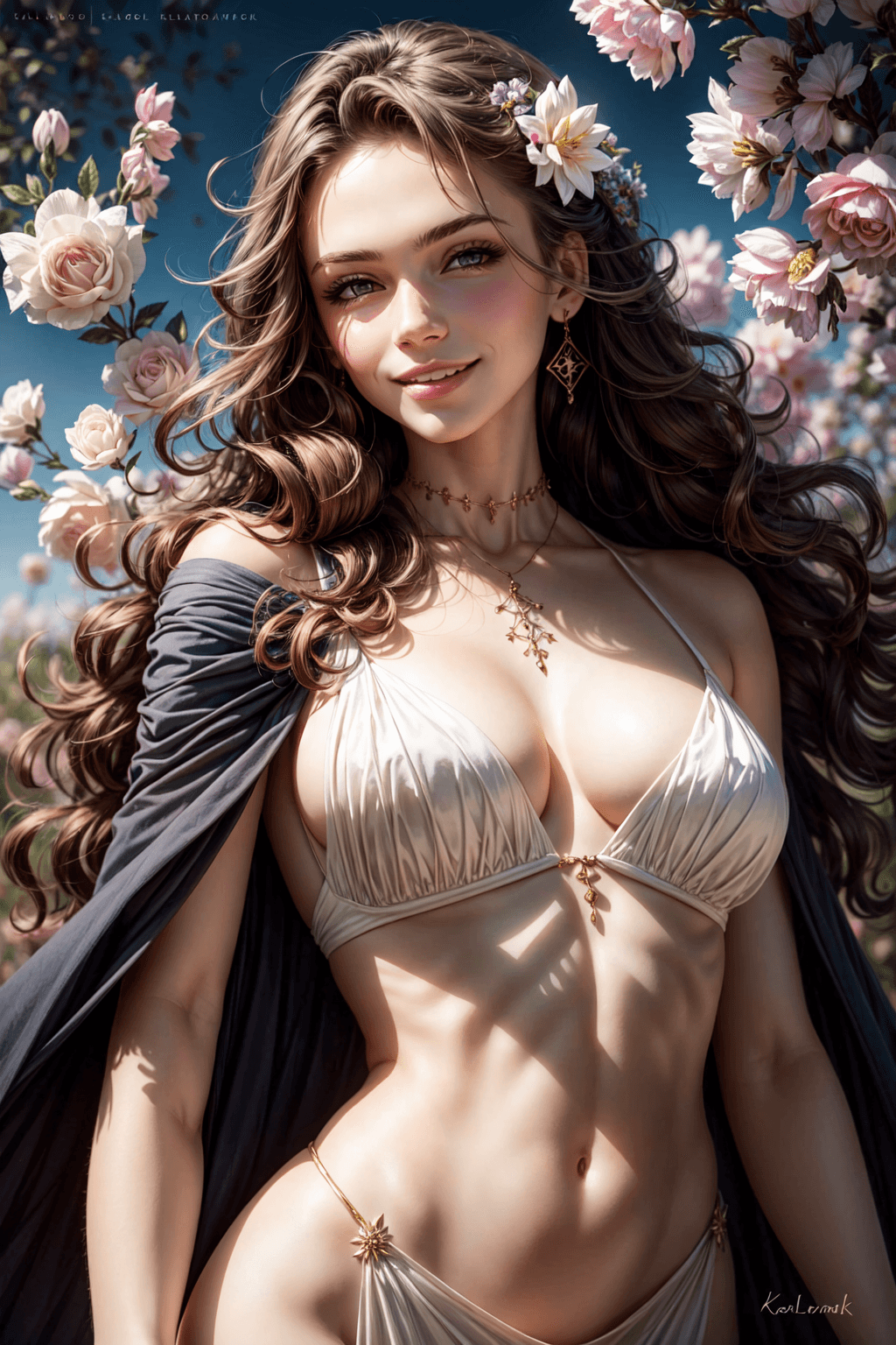 AI generated: Beautiful Woman with a smile appears from colorful flowers, cinematic lighting, photo realistic, by ...