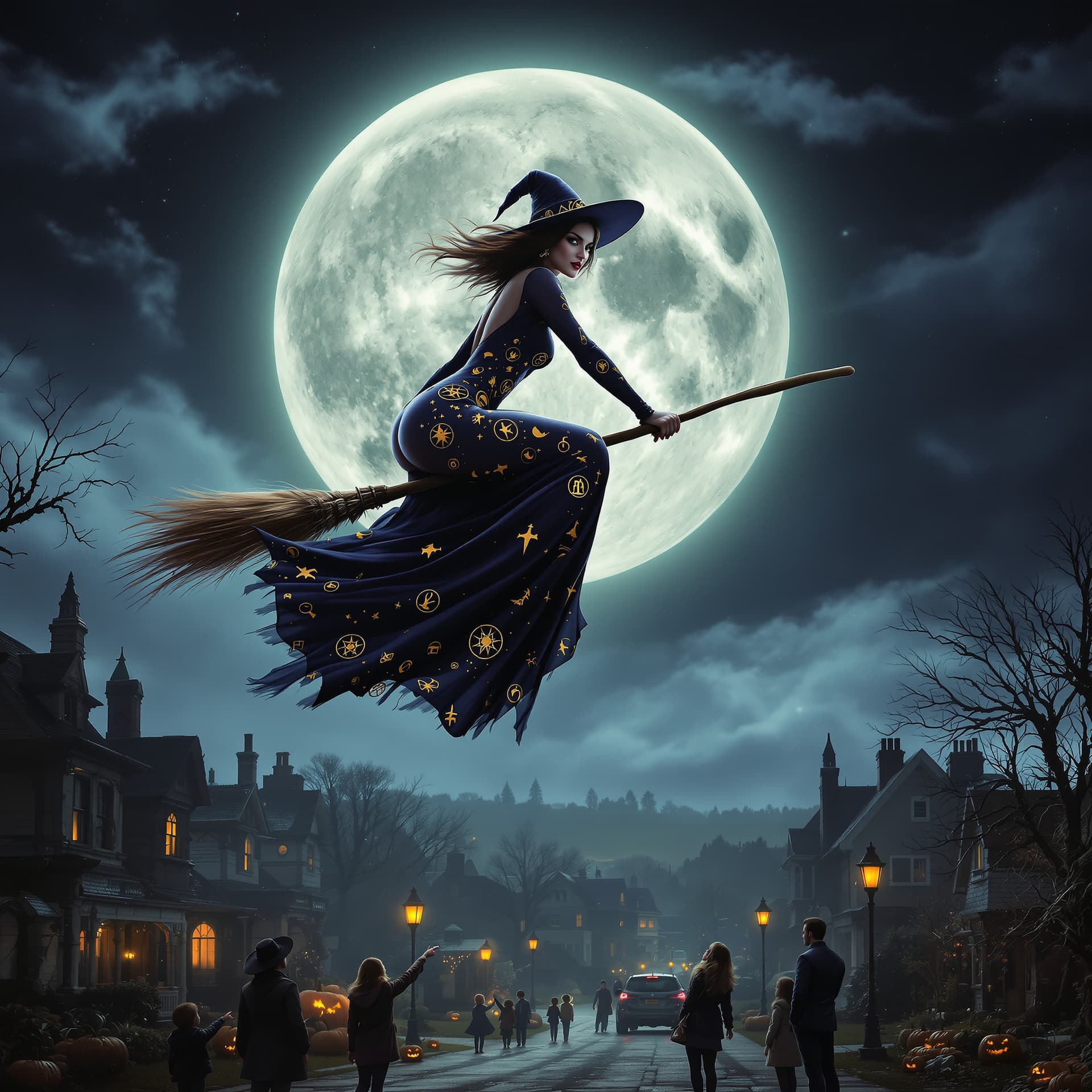 AI generated: ultrarealistic, fashion photography style, a beautiful, voluptuous witch in a long, form fitting gow...