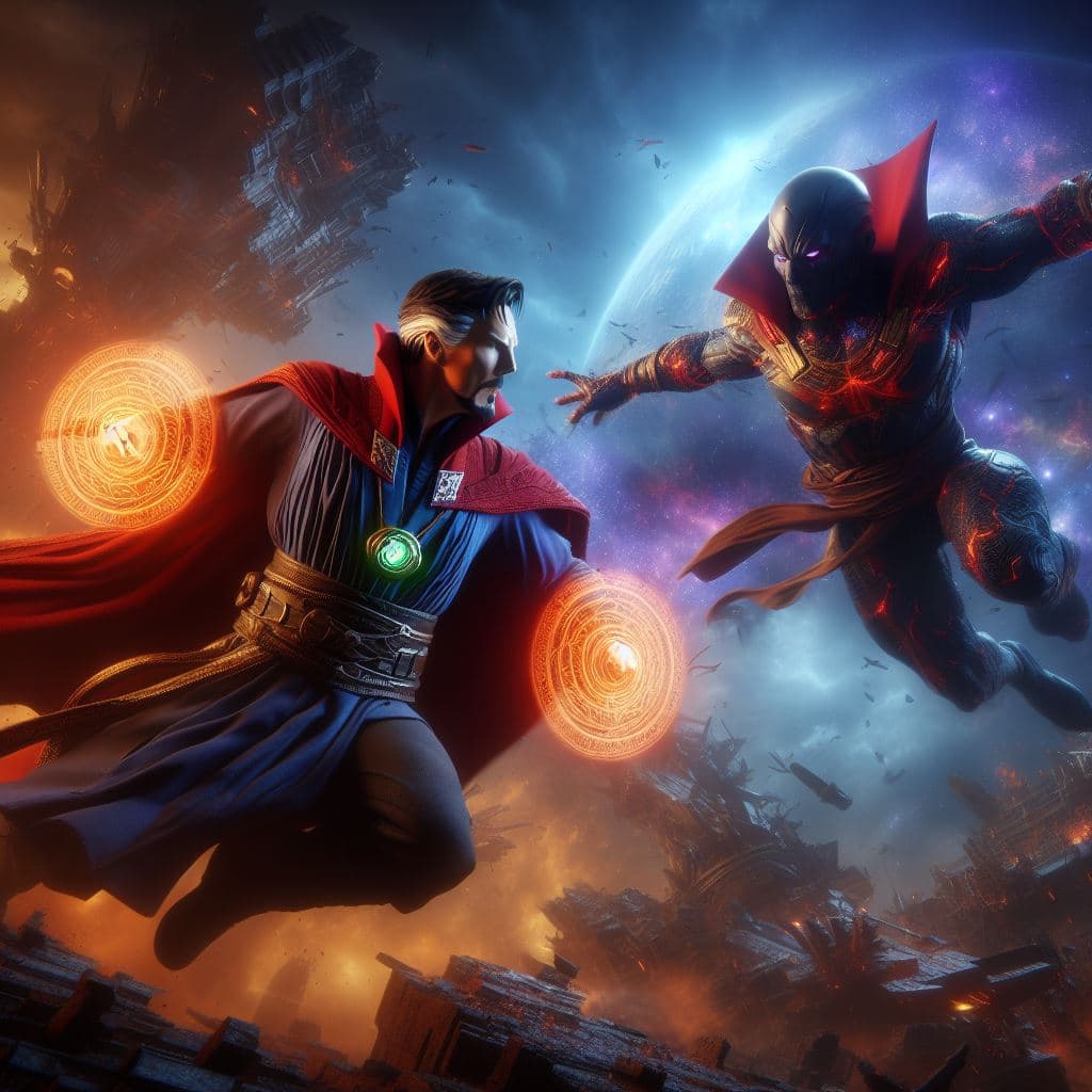 AI generated: Doctor Strange fighting against Dormammu in the Dark Dimension,masterpiece, octane render, 8k, raytr...