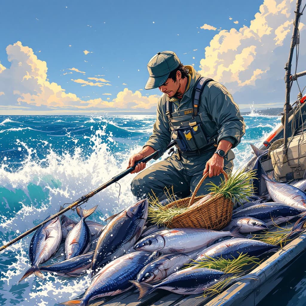 AI generated: Harvest the fish catch, japanese anime style, fisherman, on the sea