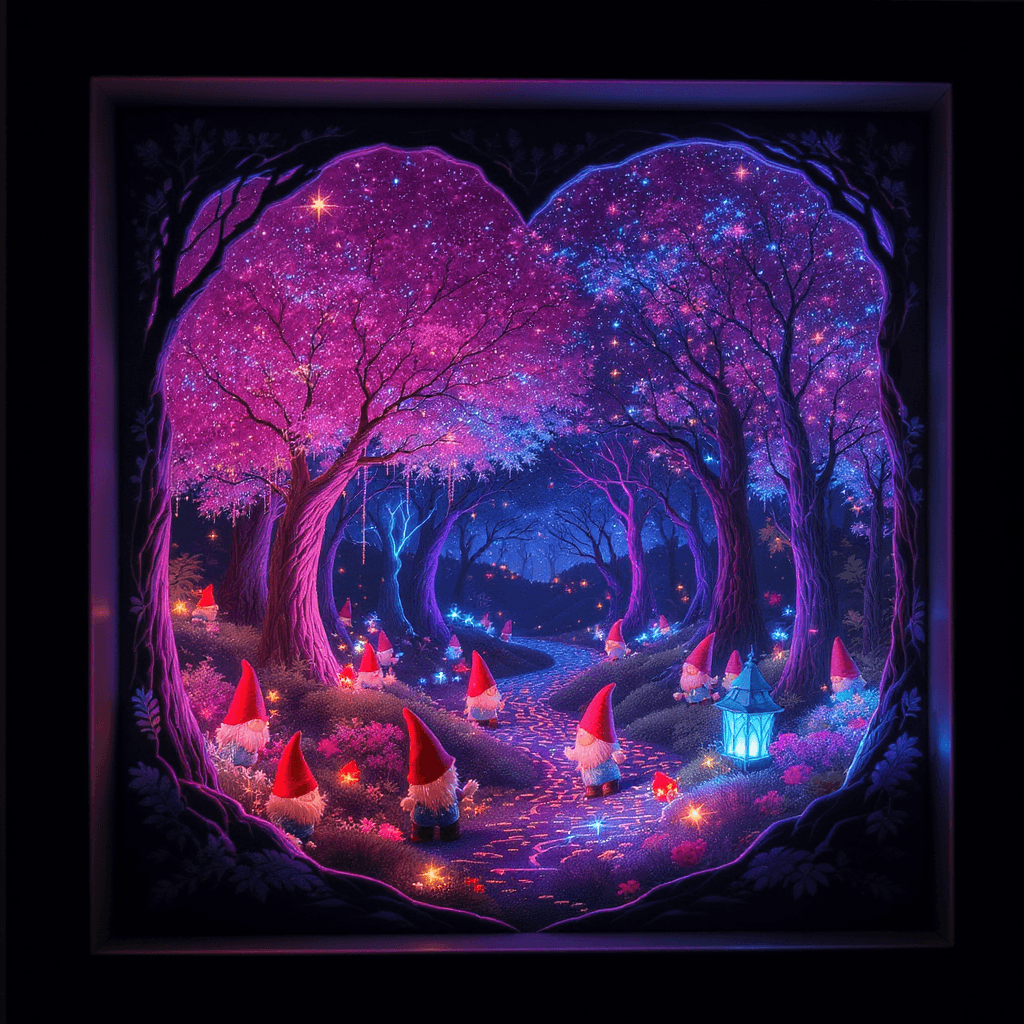 AI generated: A shadow box with gnomes playing in a neon lit forest, shadow box art
