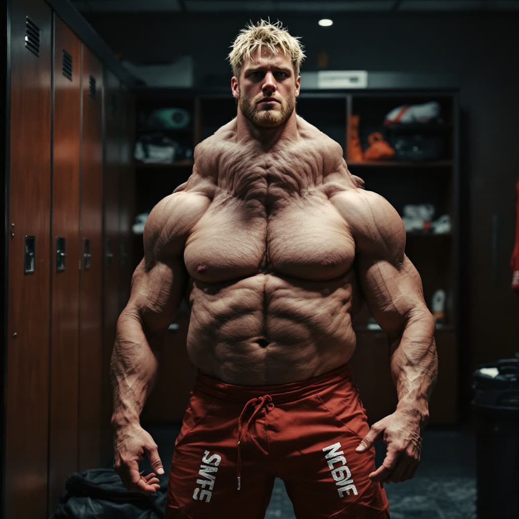 AI generated: Full body image, big feet, Logan paul standing in locker room