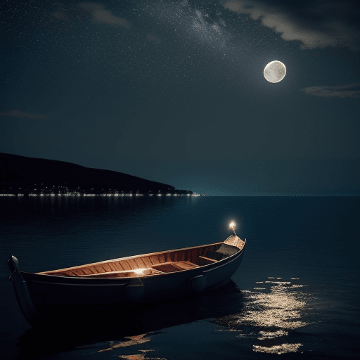 AI generated: A moonlit night, the moon hung in the sky, the meteor across the horizon, the lake shimmering, a sma...