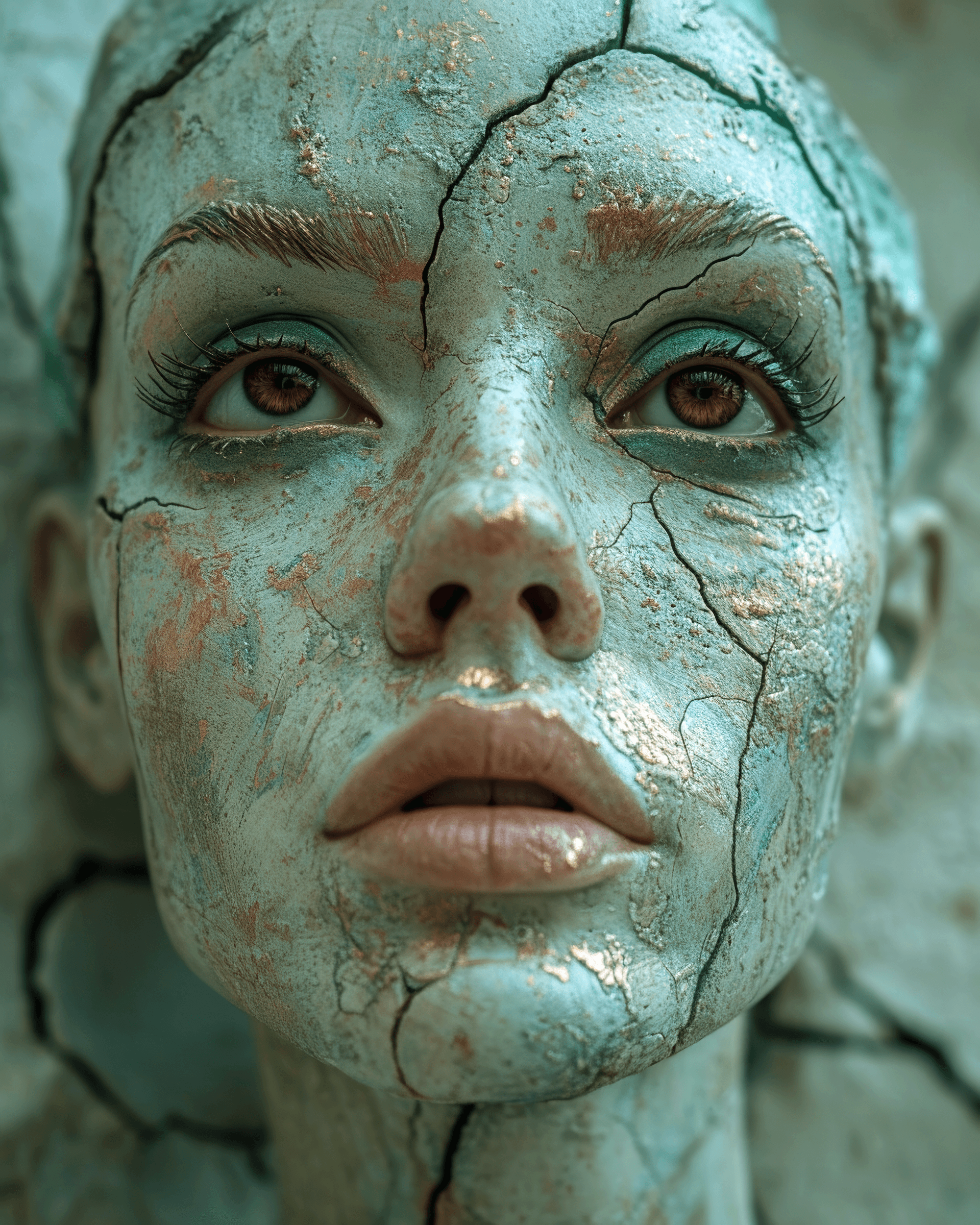 AI generated: front direct view portrait of blond woman head, brown eyes, metalic skin, disappearing into the pati...