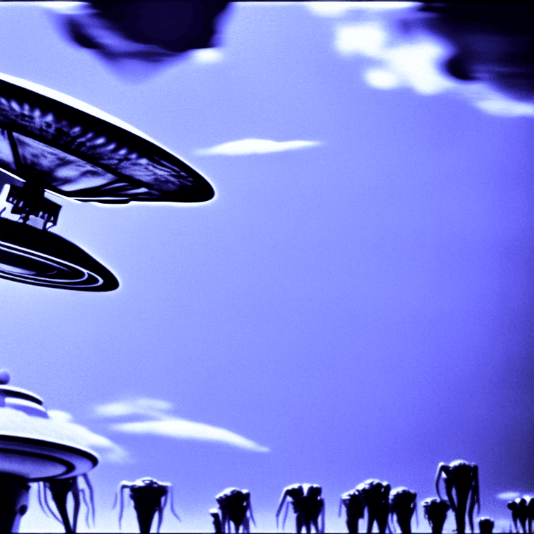 AI generated: Old black and white movie still, film grain, aliens and UFO, aliens coming down from UFO, directed b...