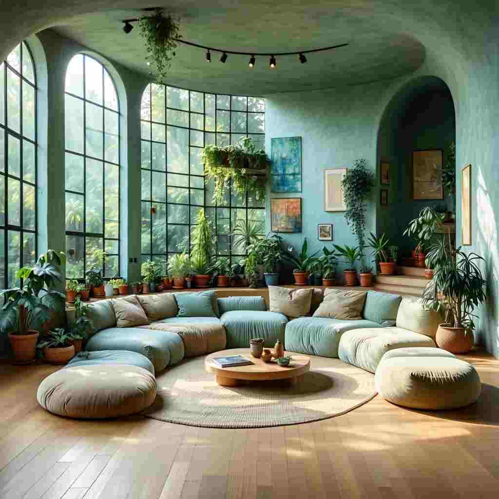 AI generated: High resolution photography interior design, dreamy sunken living room conversation pit, wooden floo...