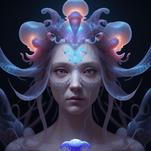 AI generated: Goddess close-up portrait ribcagel. jellyfish phoenix head, nautilus, orchid, skull, betta fish, bio...