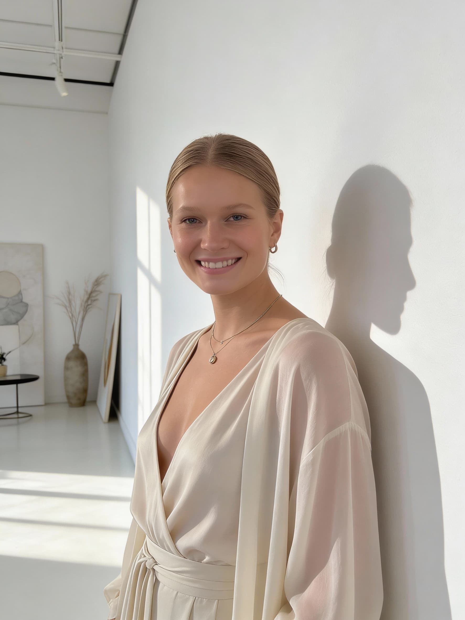 AI generated: 		In a minimalist studio flooded with natural light and artistic decor, a striking woman poses again...