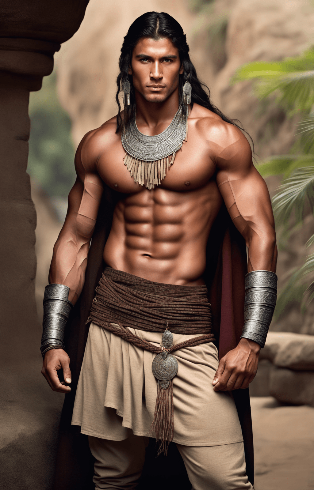 AI generated: fotografía hiper realista, muscular man, inca race, face andean, long hair with many braids, inca em...